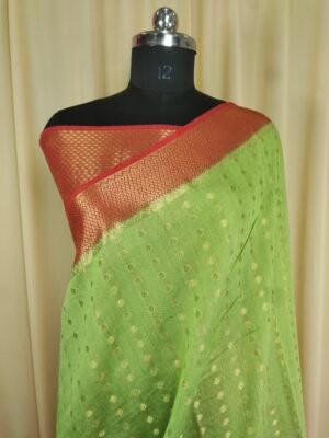 Pista And Red Color Cotton Saree With Zari Thread Weaving Work