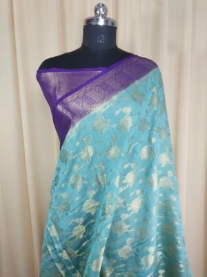 Sea Green And Purple Color Cotton Saree With Zari Thread Weaving Work