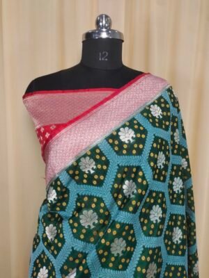 Bandhani Saree In Weaving Style Green And Red Color Combination