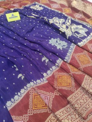 Pure Russian Silk Big Floral Boota With Bandhani Weaving Contrast Border Saree
