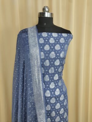 Handloom Pure Chiffon Zari Booti Banarasi Grey Colour Suits