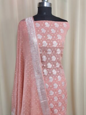 Handloom Pure Chiffon Zari Booti Banarasi Peach Colour Suits