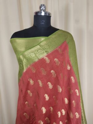 Red Colour Zari Kari Booti Saree with Contrast Mahendi Border