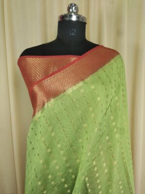 Parrot Green Colour Choti Booti Saree with Contrast Rust Border