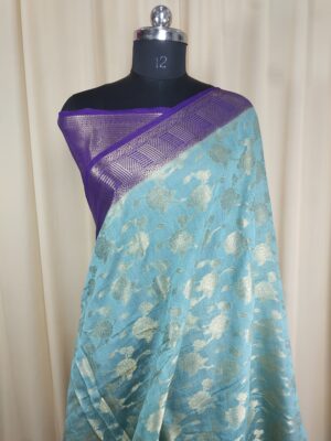 Sea Green And Navy Colour Combination Zari Jaal Saree