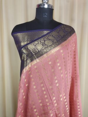 Peach Colour Zari Choti Booti Saree with Contrast Navi Border