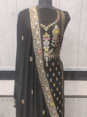 Kashmiri Meena Neck And Boota Desgin Pure Natural Silk Black Banarasi Suit