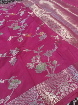 Fancy Floral Rose Meena jaal And Border Semi Silk Banarasi Saree