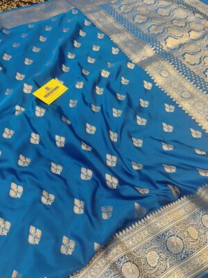 Banarasi Kattan Feel Mashru Silk Pan Booti Ferozi Colour Wedding Saree